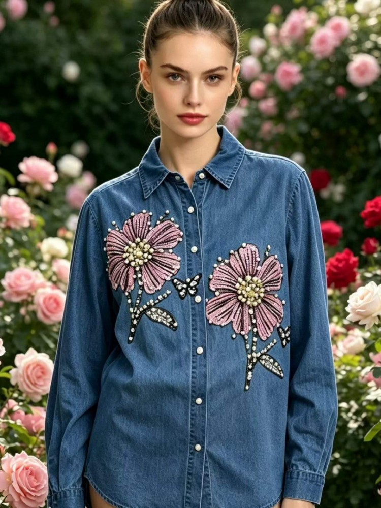 Embroidery Cotton Shirt - Damskie dżinsowe bluzki z haftem, wiosenno-jesienne