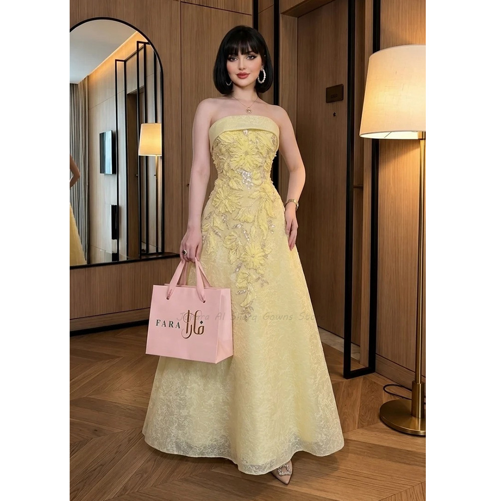 Embroidery Yellow Dress - Jasnożółta suknia wieczorowa w kształcie litery