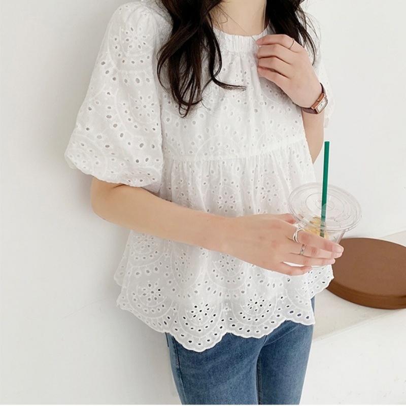Modne bluzki damskie z wycięci – Embroidery Cotton Shirt recenzja i cena