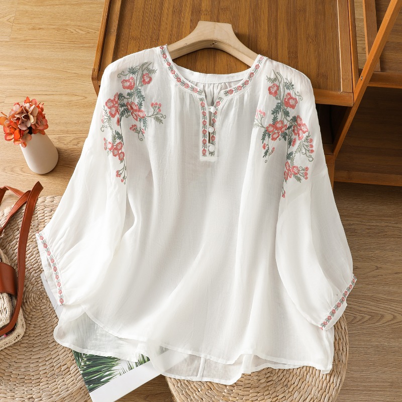 Damskie bluzki w stylu chiński – Embroidery Cotton Shirt recenzja i cena