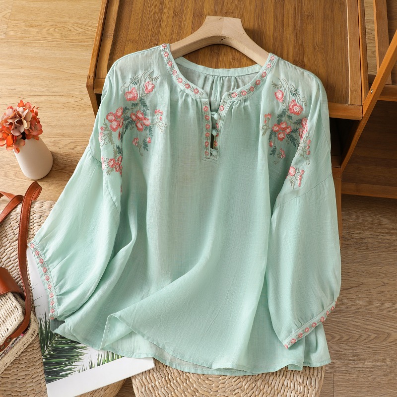 Damskie bluzki w stylu chiński – Embroidery Cotton Shirt recenzja i cena